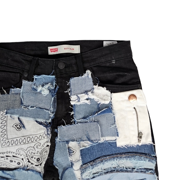Levi's 511 Slim Fit Black Bandana Patchwork‎ Denim Jeans Size 16 Girls U43 - Picture 4 of 14